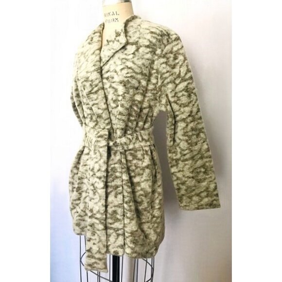 H&M GRAY OLIVE BRONZE METALLIC ANIMAL JACQUARD BELTED CARDIGAN 12 NWT - Picture 2 of 9